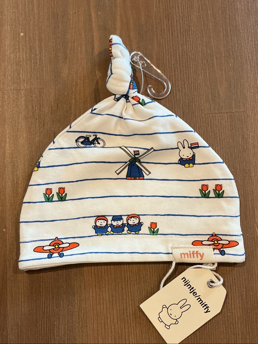 Nijntje x Miffy beanie hat with Blue Stripes and Orange Tulip Accents